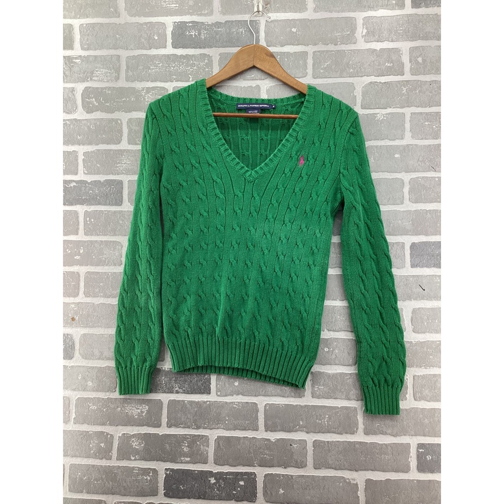 Ralph Lauren Sport Green Cable Knit V-Neck Sweater Pink Pony Logo Womens Medium